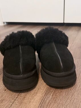 UGG Platform Black Plush Shearling Slide Slippers